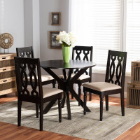 Baxton Studio Callie-Sand/Dark Brown-5PC Dining Set Callie Modern and Contemporary Sand Fabric Upholstered and Dark Brown Finished Wood 5-Piece Dining Set